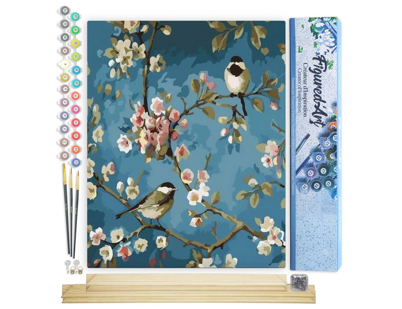 Figured'Art Paint by Numbers Kit for Adults Flowers and Birds 16"x20" - Craft Art Painting Rolled Canvas with DIY wooden frame